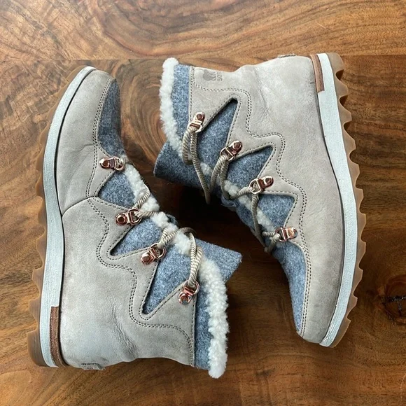 SOREL Sneakchic Alpine Suede Leather Shearling Boots Beige Gray Women’s Size 9 - Picture 11 of 15